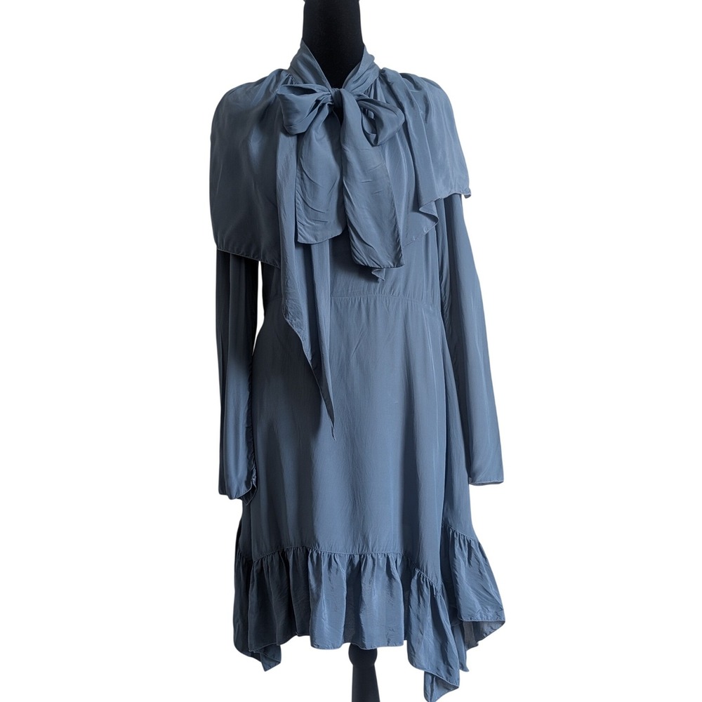 Chloe Romantic Boho Chic Pussybow Cape Steel Blue Ruffle Hem Silk Mini Dress